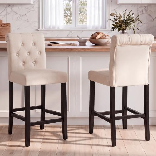 LSSBOUGHT Counter Stools,24 inches Upholstered Counter Height Chairs with Button-Tufted and Solid Wood Legs Set of 2（Beige） by LSSBOUGHT