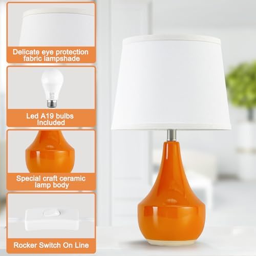 GyroVu 18" Table Lamp Set of 2, Ceramic Lamp Classic Beside Lamps Nightstand Lamp Modern Table Lamp for Living Room, Bedroom & Office Rocker Switch Orange-LED Bulbs Included - Image 7