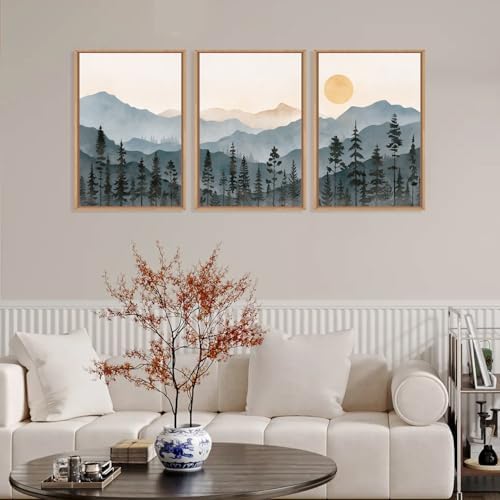 LHIUEM Boho Mountain Framed Canvas Wall Art Set,Forest Pine Tree Wall Decor, Sunrise Misty Wilderness Painting,Watercolor Nature Landscape Artwork for Living Room,Bedroom,Dining Room,Office -24"x36"x3 - Image 2
