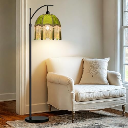 QIYIZM Arc Floor Lamp for Living Room,Bedroom,Standing Lamp with Remote Dimmable,Green Mid Century Black Tall Lamp Boho Vintage Retro Fringe Tassel Flower Velvet Unique Lamp Victorian Tiffany Decor - Image 3