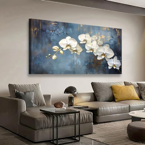 Abstract White Butterfly Orchid Canvas Wall Art for Living room Office Bedroom Flowers Wall Art Print Oil Paintings Modern Blue Gold Rain Mist Pictures Wall Decor Artwork Ready to Hang - 20in * 40inch - Image 7