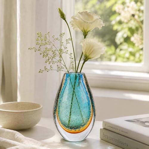 Decorative Glass Flower Vases Blown Vase for Home Decor Living Room Dining Room Shelf Mantel Tabletop Centerpiece Modern Art Deco Style Unique (Green) - Image 5