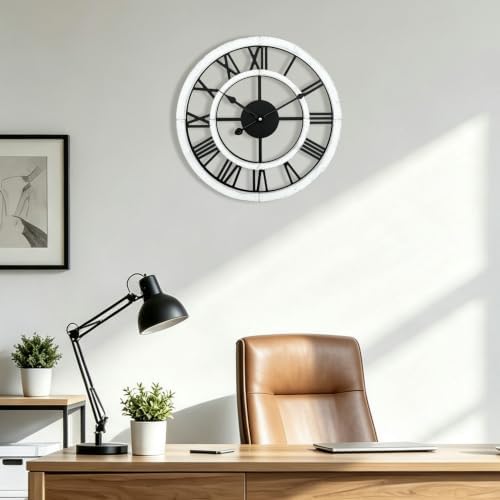 16 Inch Rustic Wall Clock Silent Non-Ticking Wooden Wall Clocks with Roman Numerals Farmhouse Decorative Clock for Living Room Bedroom Office (White) - Image 2