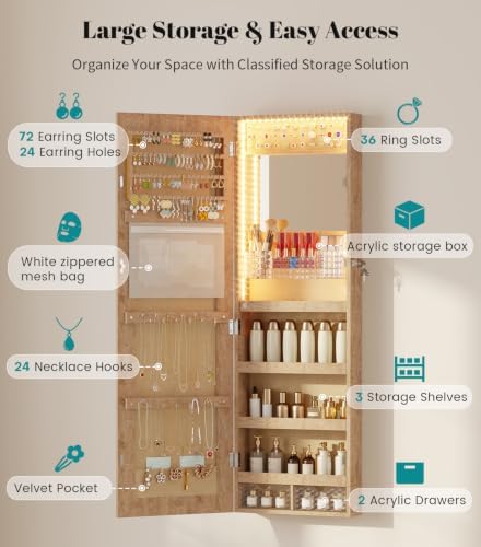 Vlsrka LED Mirror Jewelry Cabinet, Over Door/Wall Mounted Jewelry Organizer - Image 3