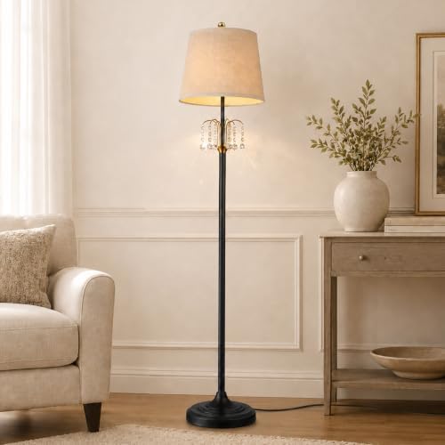 Hamilyeah Crystal Floor Lamp for Living Room, 64 Inch Tall Black and Gold Vintage Standing Lamp with Beige Linen Shade for Bedroom, Reading Nook, Office - Image 4