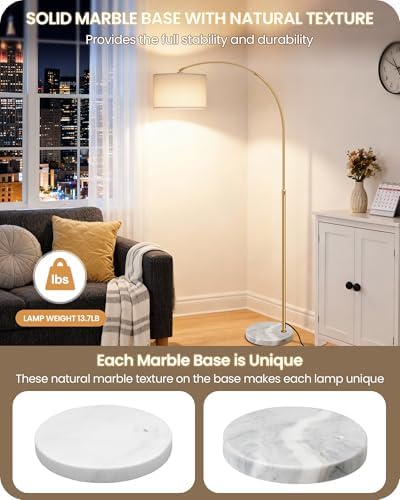 75" Dimmable Gold Arc Lamp with Marble Base, Adjustable Height, White Shade - Image 2