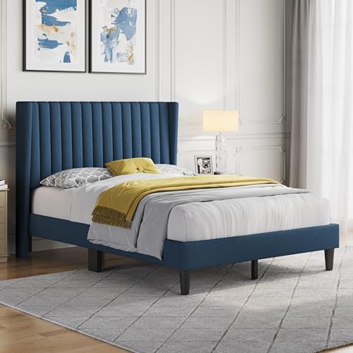 Yaheetech Full Bed Frame with Headboard, Navy Blue Channel-Tufted Platform - Image 3