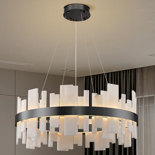 Alabaster Round Chandelier,Adjustable 31.5in Modern Luxury Round Fixture with Organic Veins, Dimmable Warm Glow - Spanish Natural Stone Linear Chandelier for Living Room, Bedroom, Foyer,Dining Room by OSRoyce