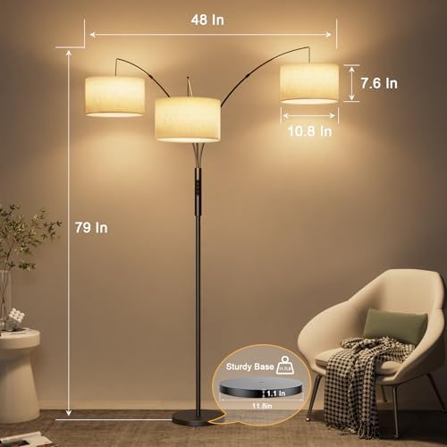 SIBRILLE 36W RGB Arc Floor Lamp with 3 Fabric Shades, 3000LM Super Bright Standing Lamp with Remote Control & Touch, Stepless Dimming, Individual Light Control for Living Room, Bedroom - Image 5