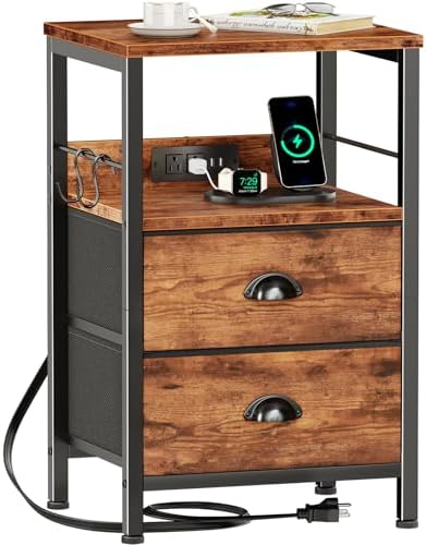 Nightstand with Charging Station for Dorm, 2 Fabric Drawers, Rustic Brown by Furologee