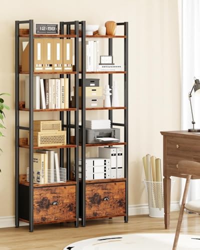 Furologee 6 Tier Bookshelf, Tall Shelf with Drawer, Wood and Metal Bookshelves Storage Organizer, Industrial Display Shelving Unit for Bedroom, Living Room, Home Office, Rustic Brown - Image 7