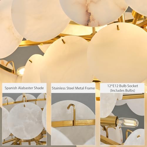 Natural Alabaster Round Chandelier, 31.5" Modern Marble Chandelier with 50 Stone Texture Panels, 12-Light Dimmable Spanish Alabaster Chandeliers for Living Room, Dining Room, Hallway - Image 6