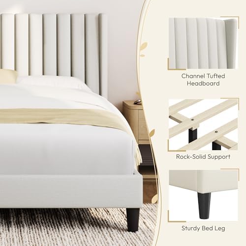 Yaheetech Queen Bed Frame with Headboard, Ivory Channel-Tufted Platform - Image 4