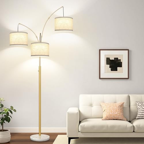 Dimmable Floor Lamp, 3 Lights Gold Arc Floor Lamp, Modern Tall Standing Tree Lamp with White Linen Shades & Marble Base, 3000LM LED Bulbs, Bright Lighting for Living Room, Bedroom, Office & Reading - Image 6