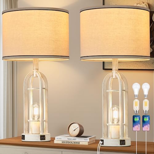 SRJJA 24" Farmhouse Table Lamps for Living Room Bedroom Set of 2, USB A+C by SRJJA