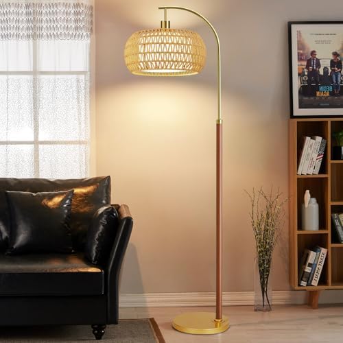 Wood Arc Floor Lamps for Living Room,Boho Rattan Floor Lamp with Remote Control & 3 Color Temperatures,Dimmable Mid Century Modern Standing Lamp Farmhouse Vintage Tall Floor Lamp For Bedroom Corner - Image 7