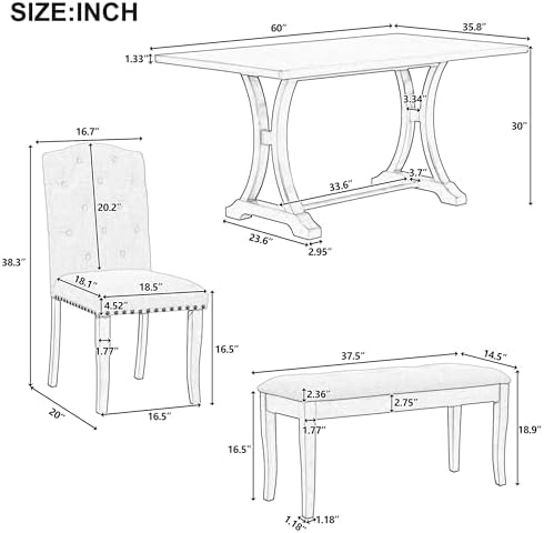 Harper & Bright Designs Classic and Traditional Style 6 - Piece Dining Set, Includes Dining Table, 4 Upholstered Chairs & Bench(Antique Gray1) - Image 6