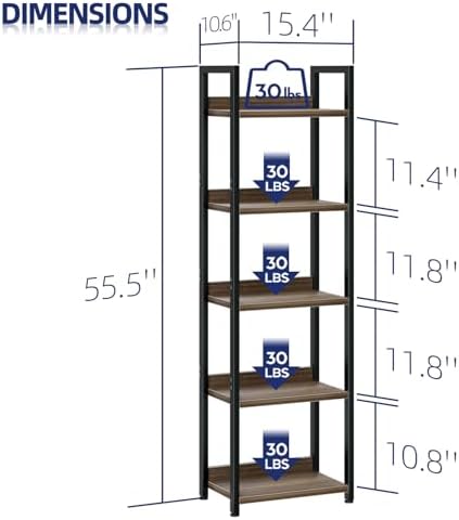 NUMENN Narrow Bookshelf, 5 Tier Freestanding Shelving Unit, Dark Walnut - Image 3