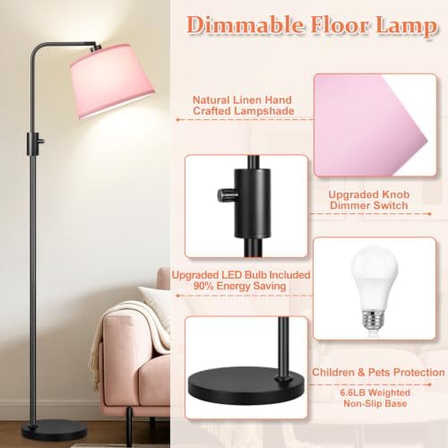 【Upgraded】 Dimmable Floor Lamp, 1000 Lumens LED Edison Bulb Included, Arc Black Floor Lamps for Living Room Modern Standing Lamp with Pink Shade, Tall Lamps for Living Room Bedroom Office Dining Room - Image 5