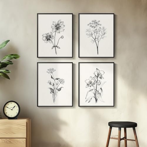 Framed Black and White Floral Wall Art for Living Room, 4 Piece 12x16 In - Image 2
