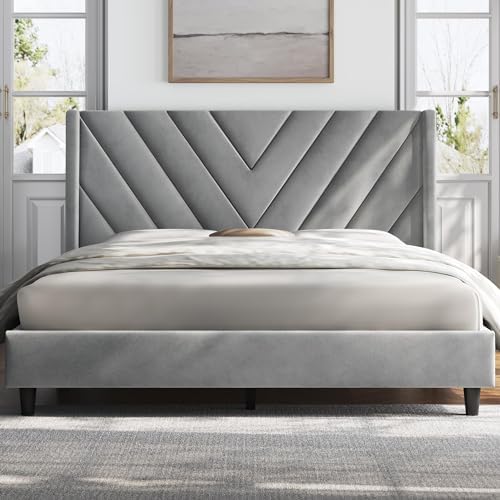 Yaheetech Full Bed Frame with Chevron Channel-Tufted Headboard, Light Gray by Yaheetech