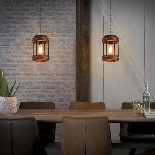 2 Pack Rustic Farmhouse Wood Pendant Light Fixture One-Light Adjustable Chain Oak Wood and Metal Drum Cage Small Pendant Lighting for Kitchen Island Sink Hallway Farmhouse Bathroom Bar, Black - Image 2
