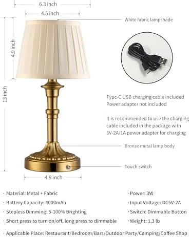 KDG Gold Cordless Table Lamps Set of 2, Beige Fabric Shade Small Desk Lamp - Image 5