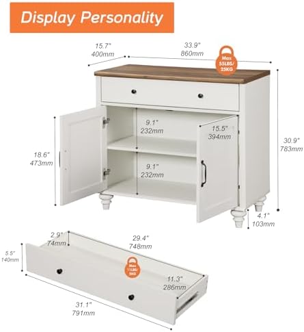 WAMPAT 34’‘ White Buffet Cabinet with Doors and Drawer - Image 2