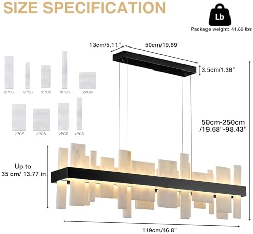 Alabaster Rectangle Chandelier,46.8in Adjustable Hanging Linear Chandelier, Dimmable Warm Glow, Modern Design Spanish Natural Stone Rectangle Ceiling Light for Dining Room, Kitchen Island, Entryway - Image 2