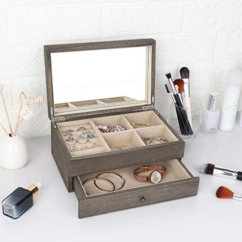 Meangood Jewelry Box Organizer for Women, 2 Layer Large Jewelry Storage Case, Rustic Wooden Jewelry Box with Mirror & Ring Tray for Necklace Earring Bracelets Rings, Vintage Style (Weathered Grey) - Image 5