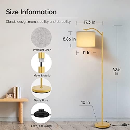 BoostArea Floor Lamp for Living Room,LED Arched Standing Lamp,Tall Modern Standing Lamp with Linen Shade,E26 Socket,Footswitch,Mid Century Gold Floor Lamps for Bedrooms,Office,Double-Layer lampshade - Image 5