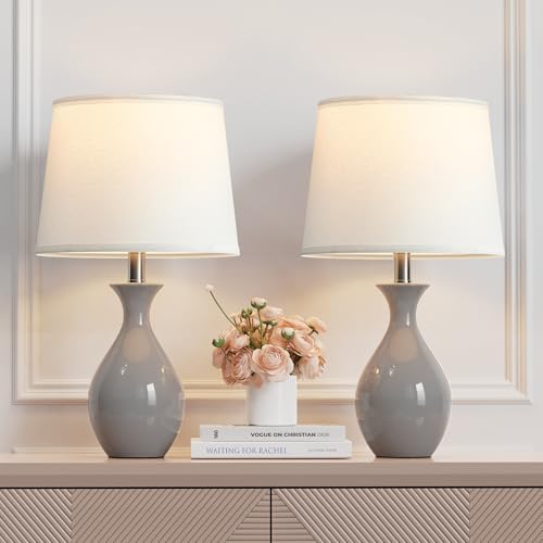 PARTPHONER Table Lamp Set of 2, Modern Ceramic Bedside Lamps for Night Stands, Classic Small Lamp Nightstand Lamp for Bedroom Living Room Desk End Table Rocker Swtich Grey by PARTPHONER