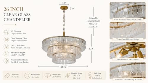 3-Tier 26 Inch Clear Crystal Glass Chandeliers, Modern Round Luxury 7 Lights Hanging Pendant Light Fixture, for Dining Living Room, Bedroom, Foyer, Entryway(Included E12 Bulbs) - Image 5