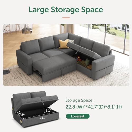 HONBAY Sectional Sleeper Sofa with Pull Out Bed, L Shaped Couch with Storage Seat, Modular Sectional Couches for Living Room, Dark Grey - Image 5