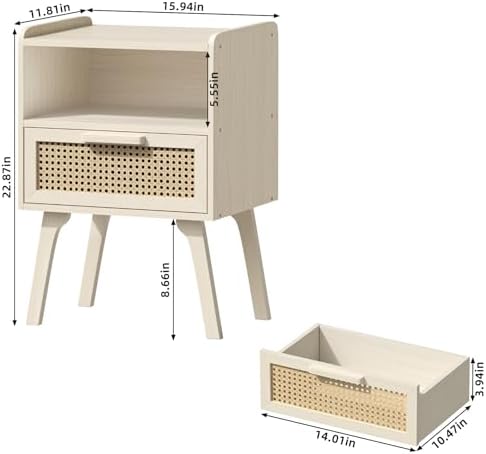 Lerliuo Rattan Nightstands Set of 2, Side Table with Drawer Open Shelf - Image 3