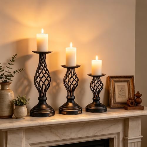 GOESWELL Black Pillar Candle Holder: Vintage Candle Holders Set of 3 for Table Centerpieces Mantle Living Room - Metal Openwork Candle Sticks Holder Decor for Farmhouse Wedding by SolarOutdoorLights