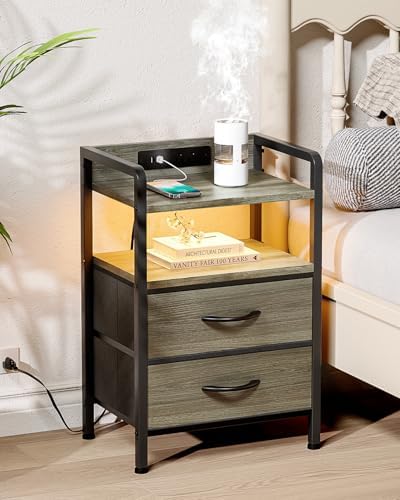 Lazzanto Nightstand with Rear Charging Station, LED Light, 2 Drawers, Grey - Image 2
