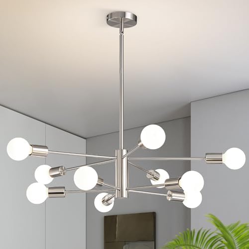RUIYEY Modern Sputnik Chandeliers Light, 10 Lights Brushed Nickel Chandeliers for Dining Room, E26 Height Adjustable Chandelier Ceiling Lighting Fixture for Farmhouse Kitchen Island Living Room Foyer by RUIYEY