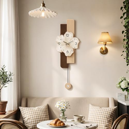 Flower Wall Clocks Battery Operated Decorative with Pendulum 9*24in,Beige - Image 3