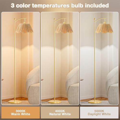 Ambimall 60" Floor Lamps for Living Room with 3 Color Temperatures, Gold Floor Lamp with Rattan Shade, Modern Tall Lamps for Bedroom Office, 9W LED Bulb Included - Image 3