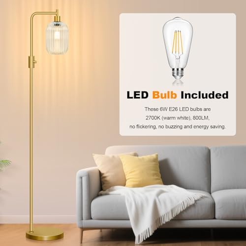 【Upgraded】 Dimmable Floor Lamp for Living Room with Clear Ribbed Glass Lampshade, Gold Modern Floor Lamp with 900LM LED Bulb Included, Arc Standing Tall Lamp for Bedroom, Office, Reading Room, Corner - Image 7