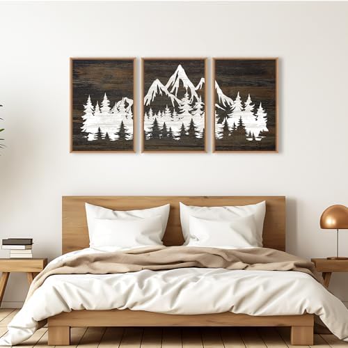 LHIUEM Large Mountain Tree Framed Canvas Wall Art Set,Modern White Forest Art Printing Country Minimalist Wood Wall Decor Farmhouse Zen Artwork for Living Room Bedroom Office-16 x24 x3 - Image 2