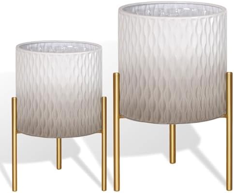 ARNIS Plants Pots with Stand, Set of 2 Indoor Planter Pots, Unique Mid Century Decorative Metal Flower Pots with Drainage,8.25 & 10.5 Inch, Grey and White - Image 6