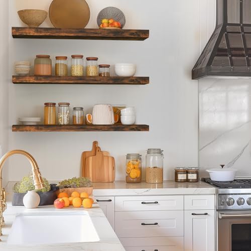 BAYKA Floating Shelves for Wall, 36 inches Wall Mounted Rustic Wood Shelves for Bathroom, Bedroom, Living Room, for Storage/Decor with 30lbs Capacity（Rustic Brown,Set of 3 - Image 4