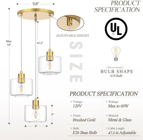 Brushed Gold Dining Room Chandelier Light Fixture, 3-Light Pendant Lighting with Clear Glass, Modern Kitchen Island Cluster Hanging Pendant Lights for Kitchen Dining Room, OS-YQ8153-3BGC - Image 3