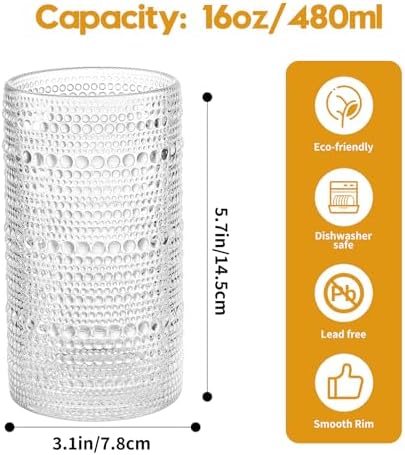Vintage Hobnail Drinking Glasses Set of 6, 16 oz Large Capacity Embossed Clear Tumblers, Highball Glasses for Water, Cocktail, Beer, Whiskey, Kitchen & Bar Use - Image 2