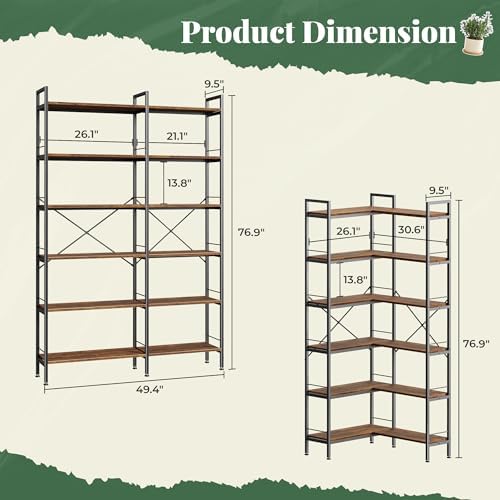 Huuger 6 Tier Bookshelf, L Shaped Corner Bookshelf with Open Shelves, 49.4 Inch Straight Wide Bookcase with Metal Frame and Wooden Board, Adjustable Feet, Rustic Brown - Image 3