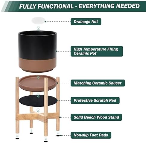 D'vine Dev Ceramic Pot with Natural Wood Stand, Black/Tan, 14 in, 55-B-R-7 - Image 5