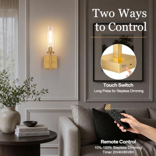 Wireless Wall Sconces with Remote Control, 10000mAh Battery Operated Wall Sconce Set of 2, Brush Gold Rechargeable Dimmable Wall Lights for Bedroom Living Room Bathroom Hallway Entryway, 3000K - Image 5