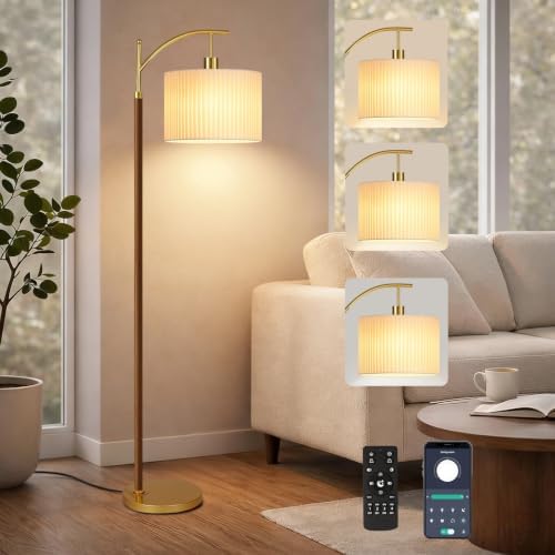 Arc Gold Boho Floor Lamp for Living Room Bedroom,Farmhouse Dimmable Floor Lamps with Remote,Modern Standing Lamp with Double Shades and Foot Switch,Adjustable Tall Lamp Light for Office,Reading,Corner by EnjoyingABetterLife